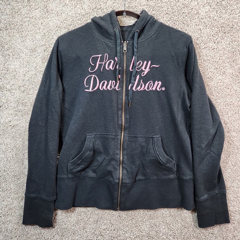Harley‎ Davidson Zip Hoodie Large Black Reversible Pink Script Logo Biker Moto